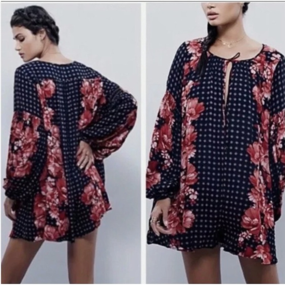 Free People Sunset Boulevard Floral Peasant Romper Oversized Long Sleeve Size XS